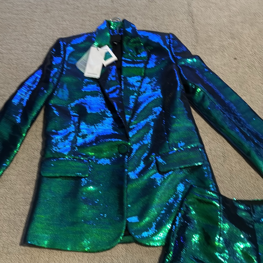 NADINE MERABI Iridescent Sequin Blazer & Shorts Set in Green and Blue - Picture 2 of 3
